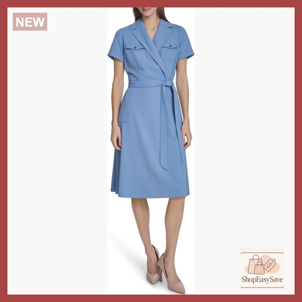 Short Sleeve Collared A-Line Dress Scuba Crepe Fabric Tie Neck Elegant